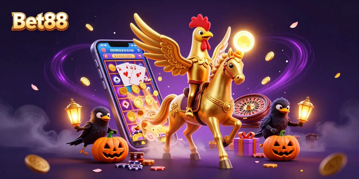 Bet88's engaging gaming scene features a golden rooster in a midnight casino setting.