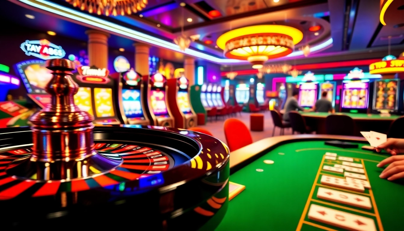 Taya365 Casino features vibrant gaming action with roulette, slot machines, and poker tables.