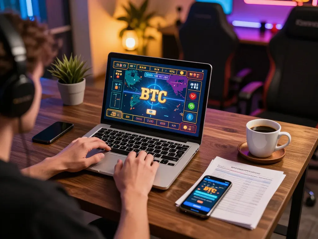 Playing BTC casino games online with a laptop in a cozy setting, showcasing bankroll management strategy.
