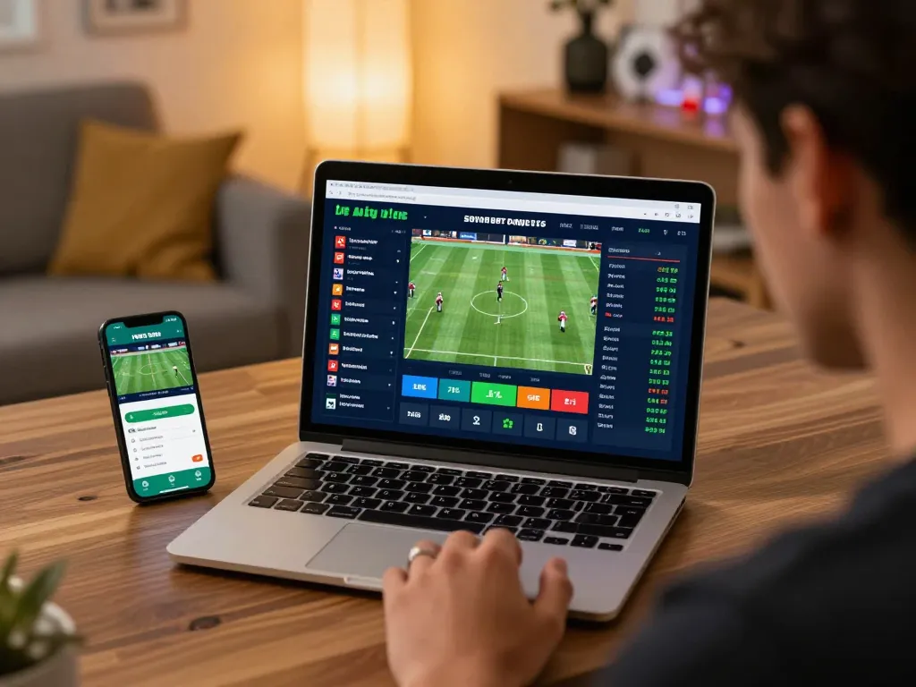 Betting enthusiast engaging with 98win on a sleek laptop, showcasing live sports odds.