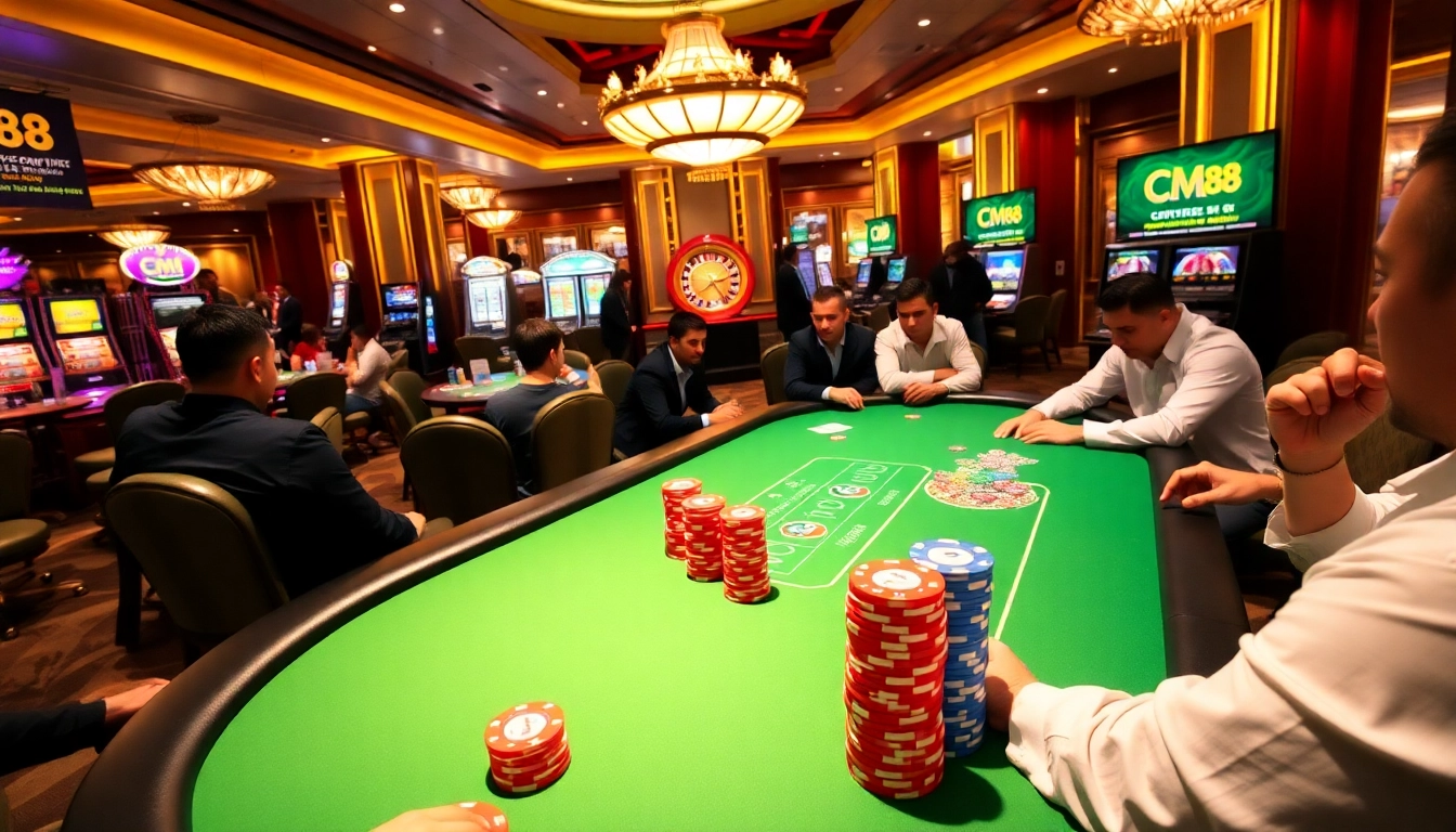 Players at a CM 88 poker table enjoying a vibrant gambling atmosphere.