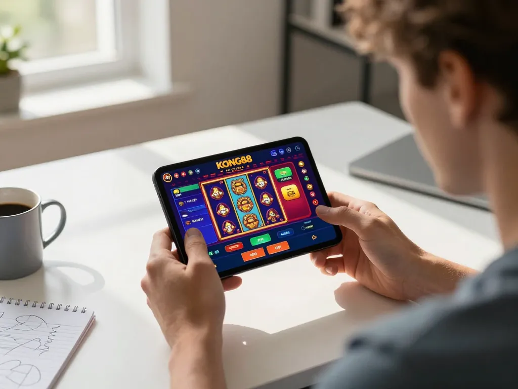 KONG88 user engaging with mobile casino app during an exciting gaming session at home