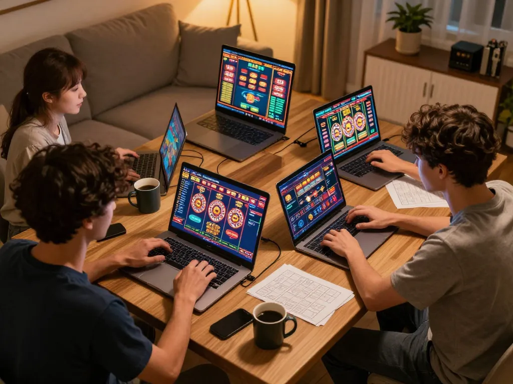 Players using laptops for online gaming with legendelectricnd displayed, showcasing home casino atmosphere.