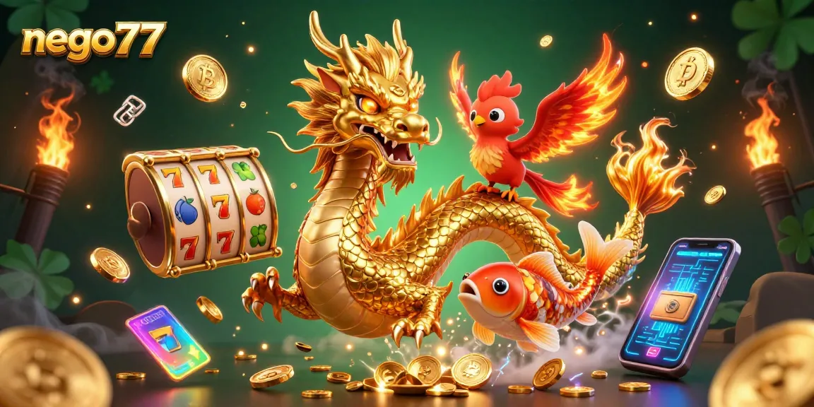 Engage in thrilling gameplay with nego77, showcasing vibrant slot reels and gold coins in a dynamic 3D illustration.