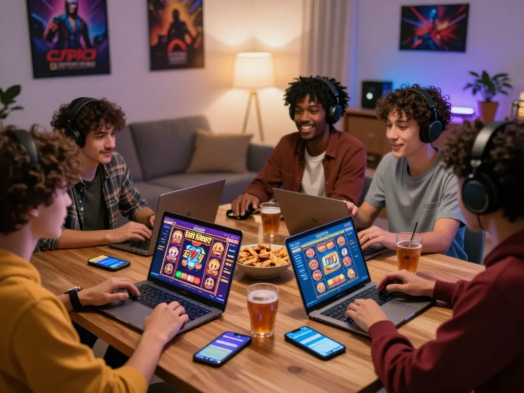Friends discussing their favorite slot gacor 777 games while playing online at home, showcasing lively gaming atmosphere.