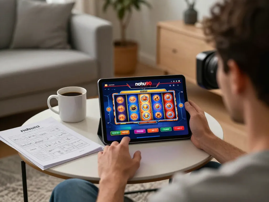 Nohu90 player using a tablet for gaming, showcasing a colorful casino interface in a cozy home.