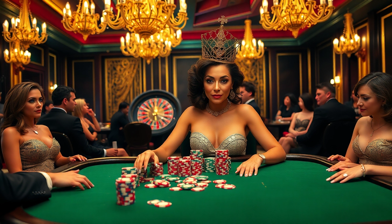 Engaging scene showcasing a game queen at a poker table, highlighting excitement and luxury in gambling.