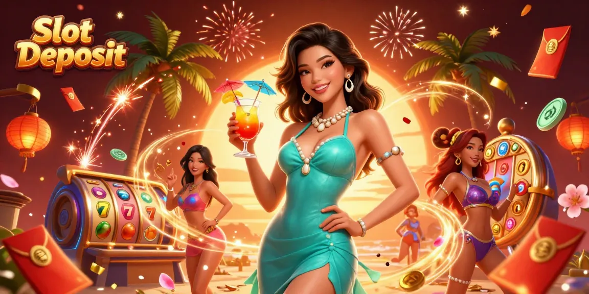 Spin at Slot Deposit with vibrant slot reels, tropical cocktails, and festive elements.