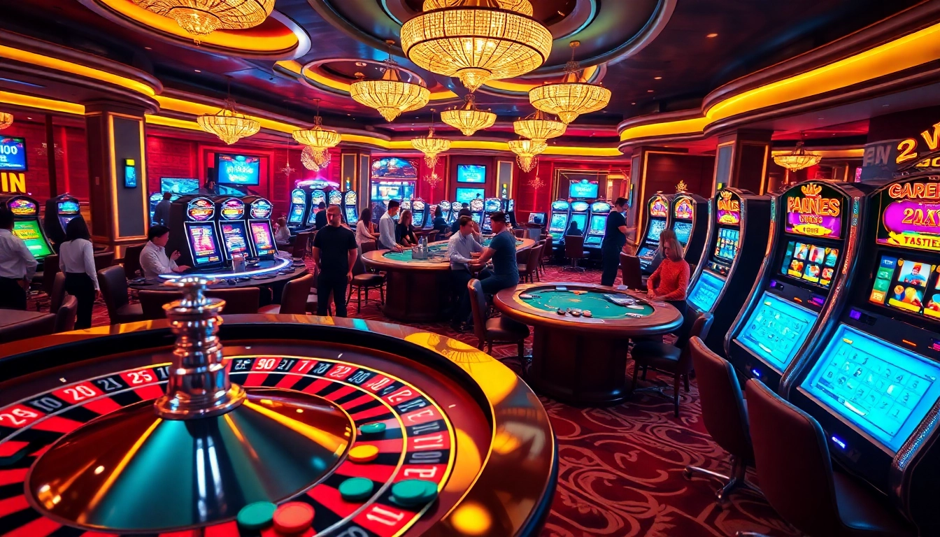 Players engaging in exciting gambling at 23win casino, showing colorful roulette and slot machines.