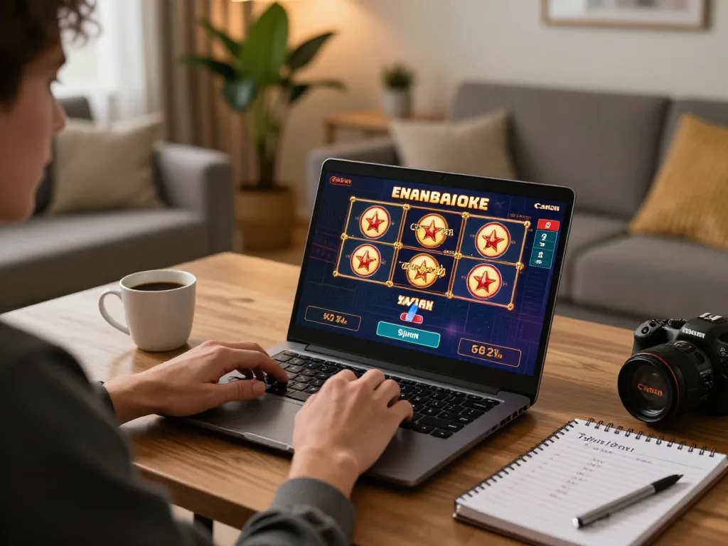 User MPO1221 menikmati permainan slot online yang menarik di laptop, menampilkan pengaturan bermain yang nyaman.