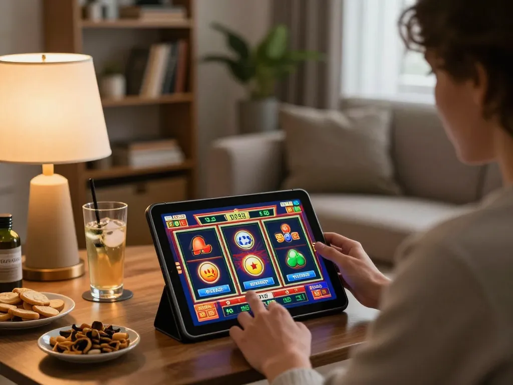 Player enjoying a thrilling session on UK88's online slots in a cozy living room