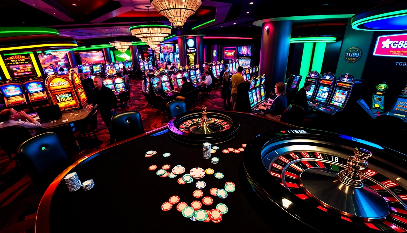 Players enjoying games at tg88 casino, surrounded by colorful chips and a roulette wheel.