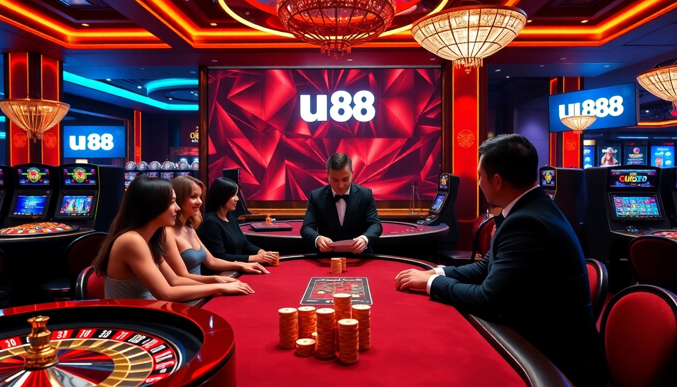 Engaging players enjoying games at UU88 casino with vibrant lights and professional dealers.