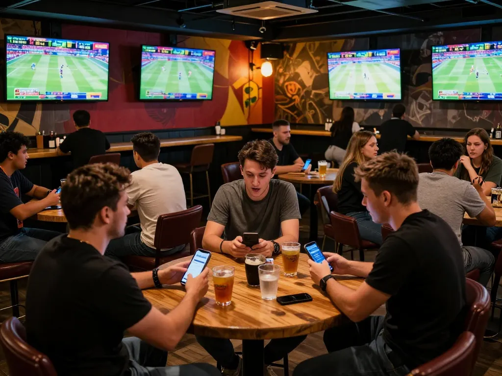 8xbet sports betting scene with excited patrons using smartphones to place bets