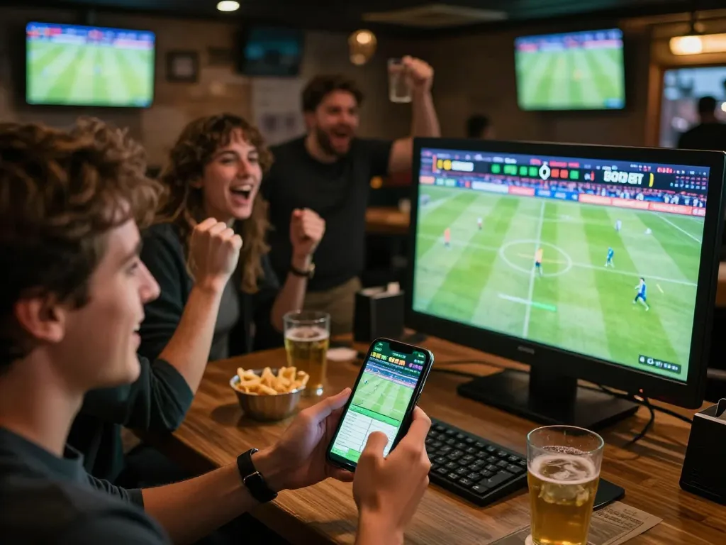 Taruhan olahraga SBOBET yang ditangkap dalam suasana bar yang hidup, menampilkan teman-teman merayakan selama pertandingan langsung.