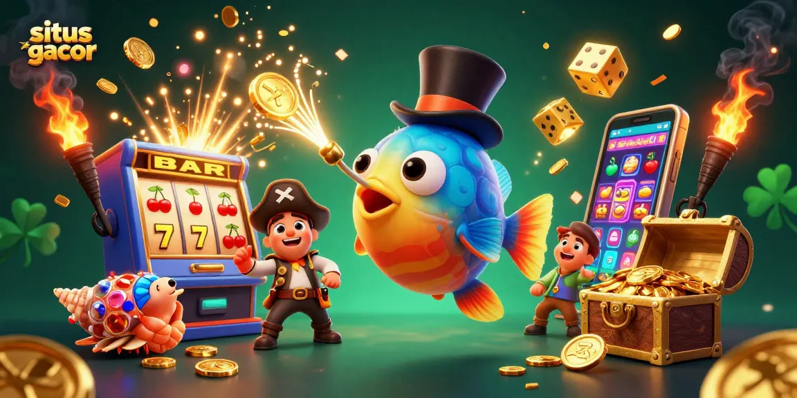 Engage with situs slot gacor as a 3D anglerfish lures coins from a slot machine explosion surrounded by treasure.