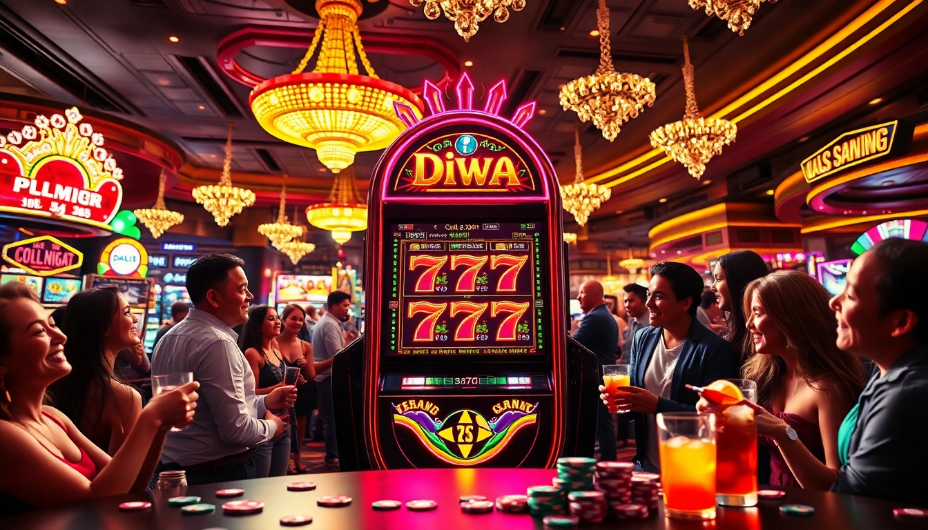 Engaged players surrounding the Diwa 777 slot machine in a lively casino environment.