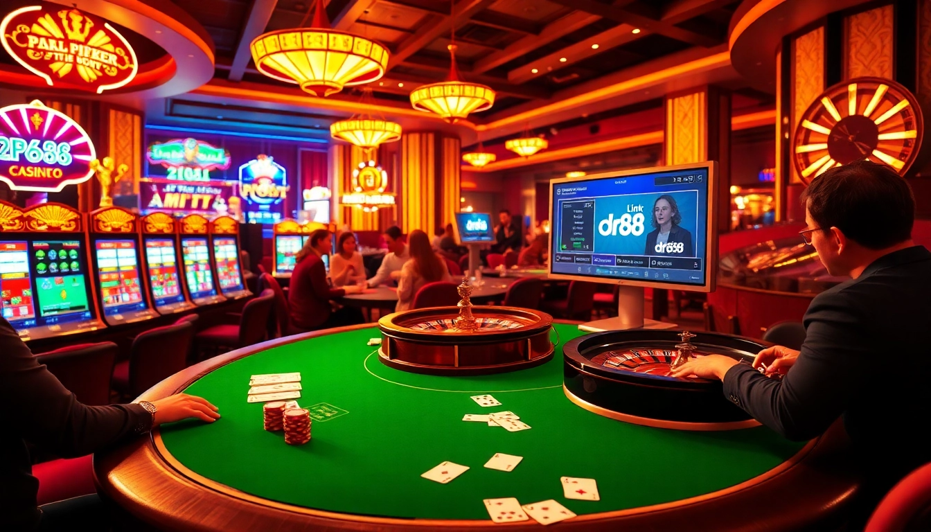 Experience thrilling games at link vào dr88 with a vibrant casino scene featuring poker, slots, and roulette.