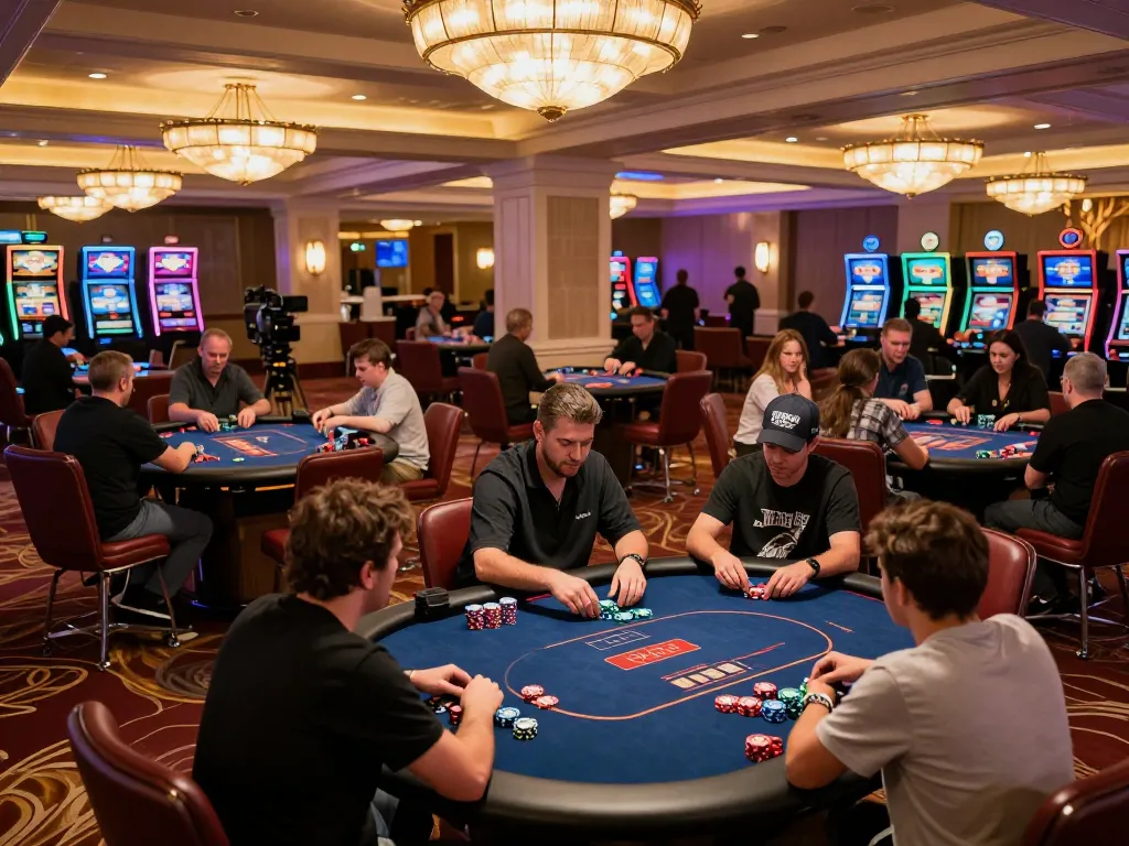 Qh88 EU players engaged in a lively poker tournament showcasing excitement and strategic gameplay in a luxury casino.
