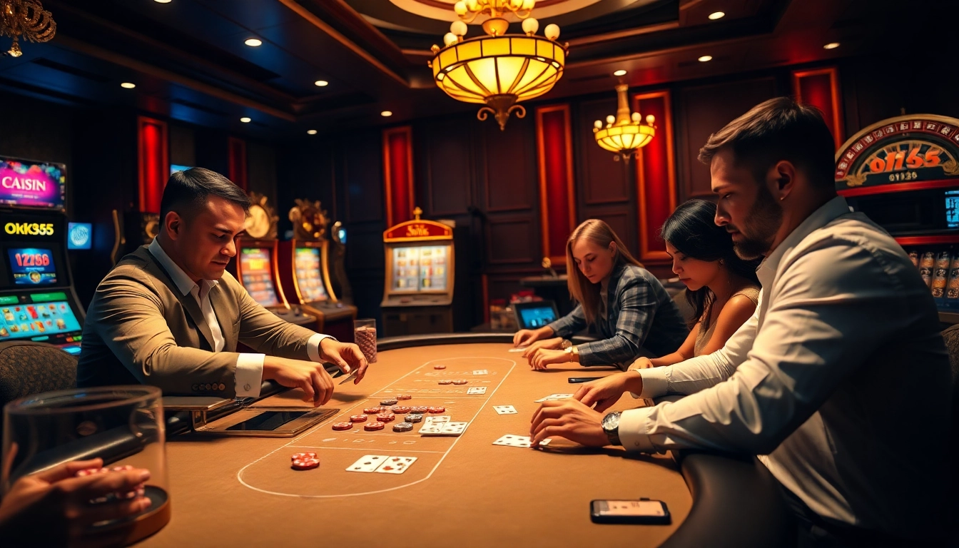 Players enjoying an engaging poker game at ok365's luxurious casino.