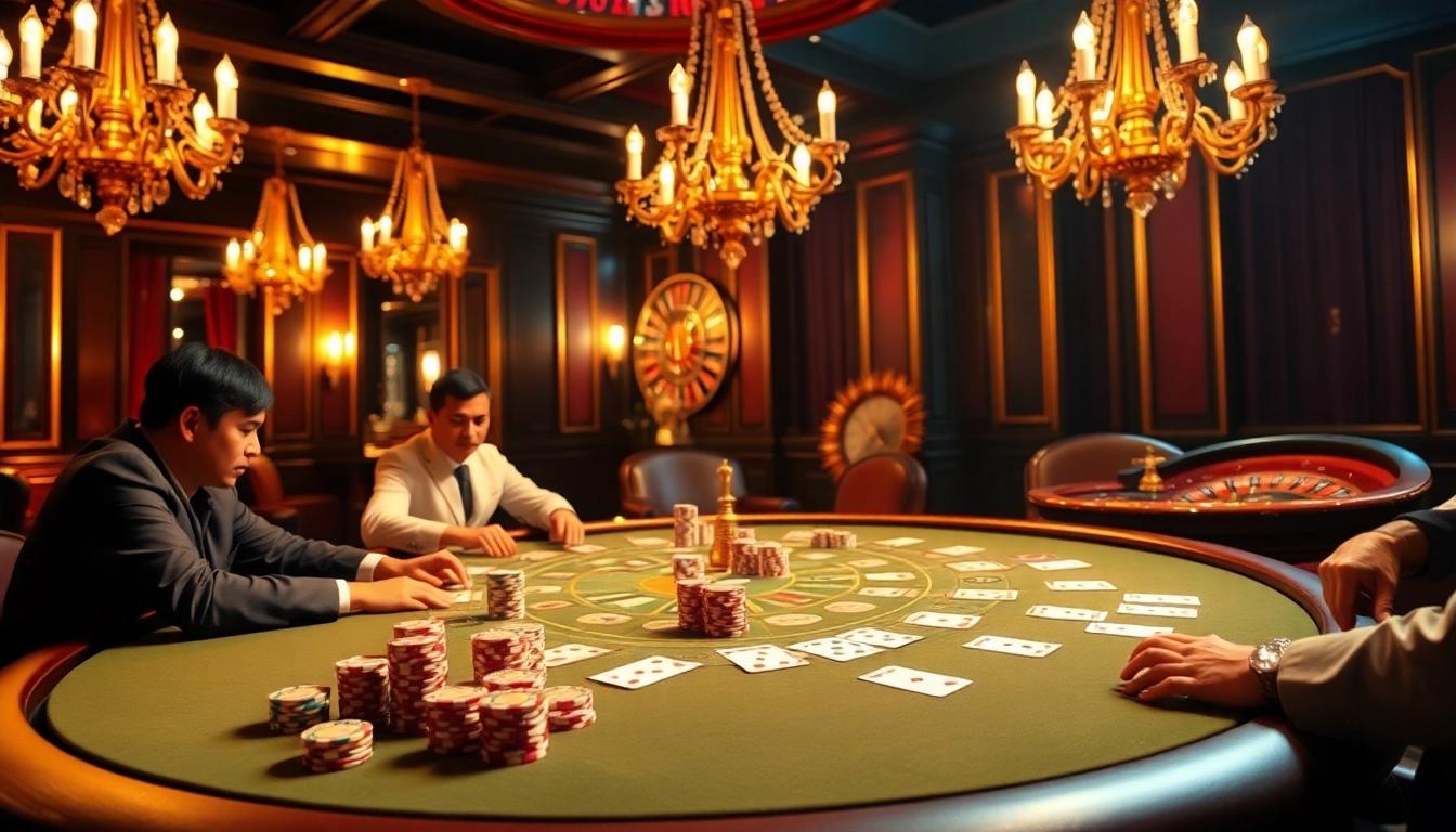 OKFUN poker players enjoying a professional casino atmosphere filled with excitement and strategy.