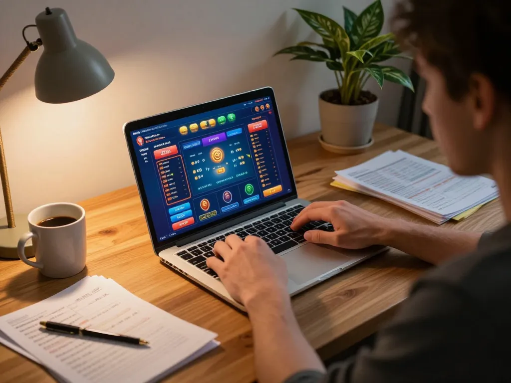 Engaging player participating in togel online game on laptop, showcasing strategic gameplay.