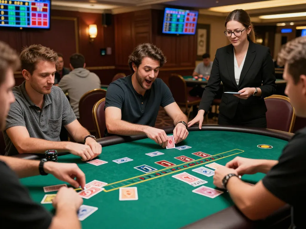 Experience intense gameplay at Luck8 casino with players around a blackjack table