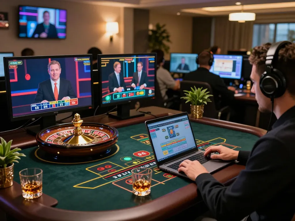 Engaging players in live betting at blueskybuds, featuring roulette wheel and laptop, enhancing online gambling experience.