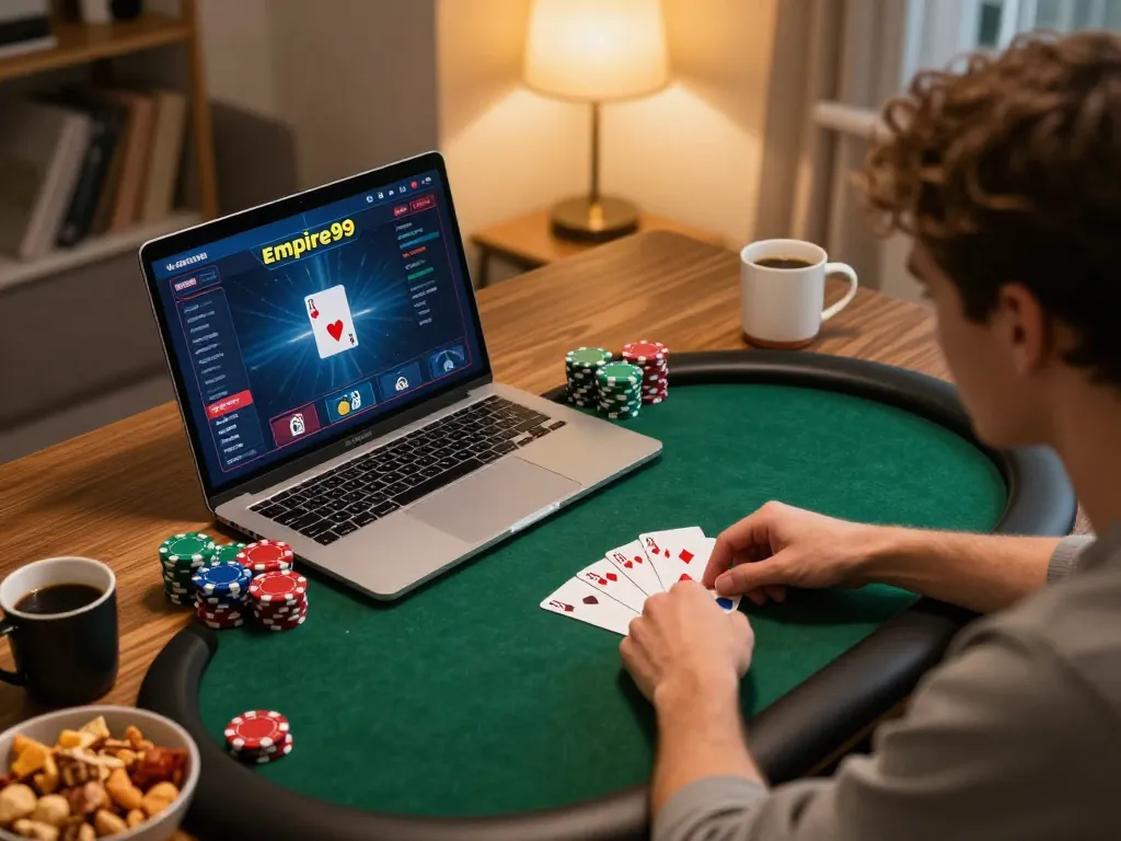 Permainan poker online Empire99 yang menunjukkan strategi menarik dan fokus pemain di rumah.