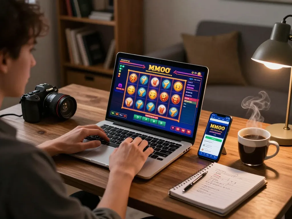 Player engaging with MMOO online slots on laptop, creating a cozy gaming atmosphere in home setting.