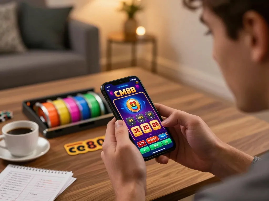 Engaging with the CM88 casino app on smartphone, capturing the excitement of online gambling.