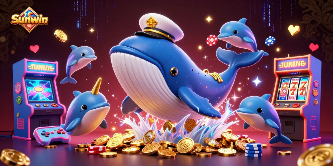 Experience the excitement of Sunwin casino games with playful dolphins, golden coins, and vibrant slot elements.
