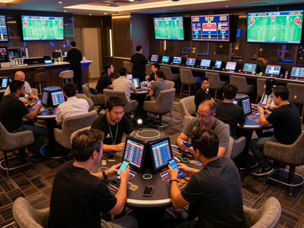 Exciting betting atmosphere at SKY88 sports lounge with patrons engaging in live wagers.