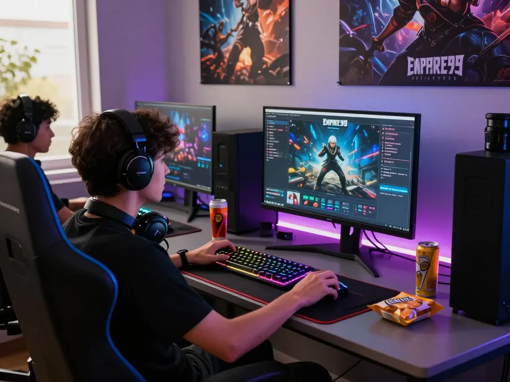 Engaged gamer at Empire99 setup, showcasing immersive gaming atmosphere with vibrant RGB lighting and dual monitors.