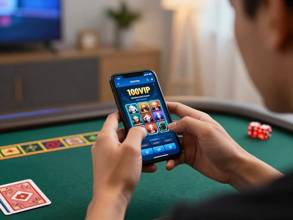 Engaging gameplay on the 100VIP casino app, showcasing strategic decisions amidst a cozy home setting.