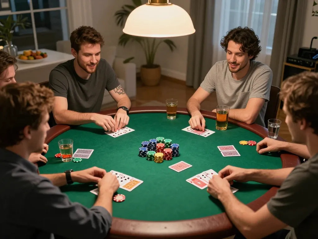 Players engage in a friendly poker game night at home, showcasing tg88 themed poker chips and cards.