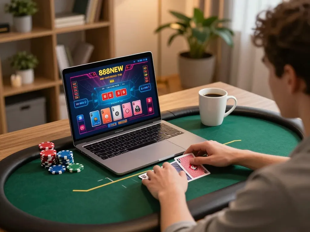 Engaging gameplay at 888NEW online casino using a laptop in a cozy home setting.