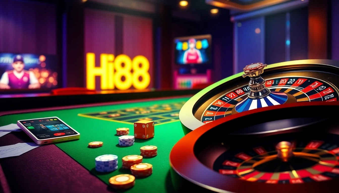 Betting at Hi88 with vibrant casino elements like chips, dice, and a roulette wheel.