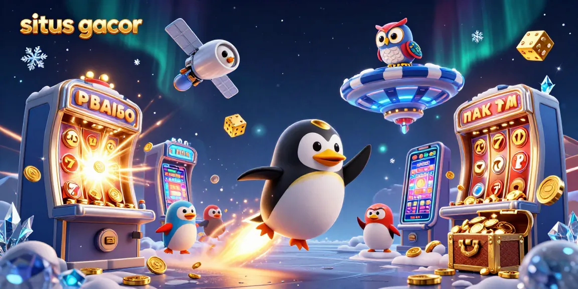 Experience the action of situs gacor with a colorful 3D illustration featuring dynamic penguin and casino elements.