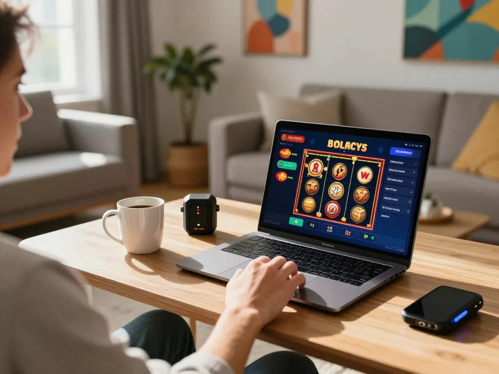 Engaging in Canada online casinos through a laptop in a cozy home setup with vibrant decor.