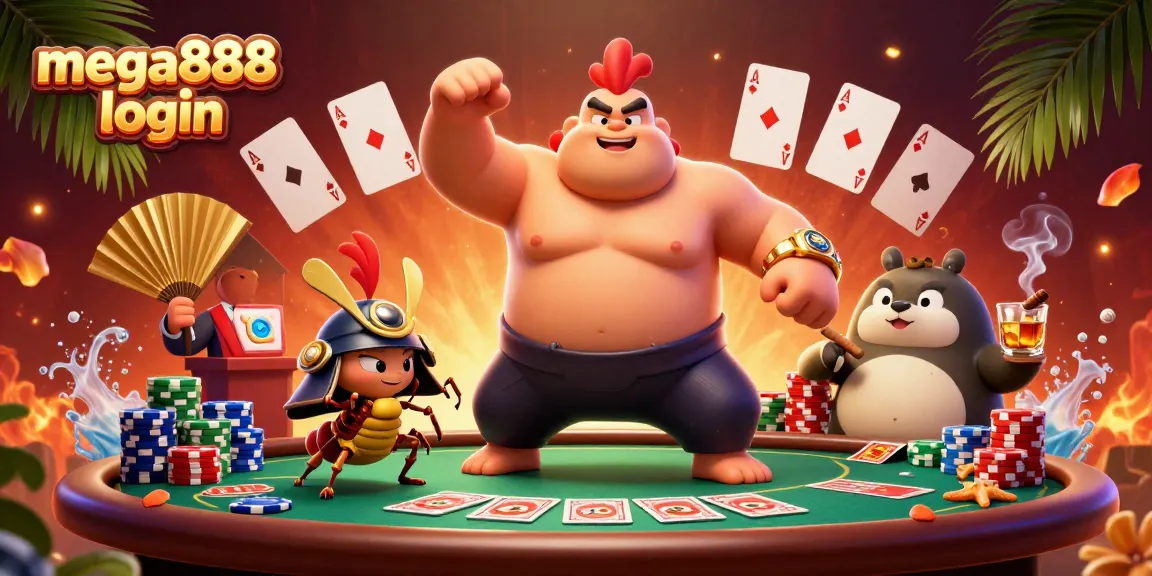 Experience the mega888 login process with a dynamic casino scene featuring a sumo rooster, fierce cricket, and announcer.