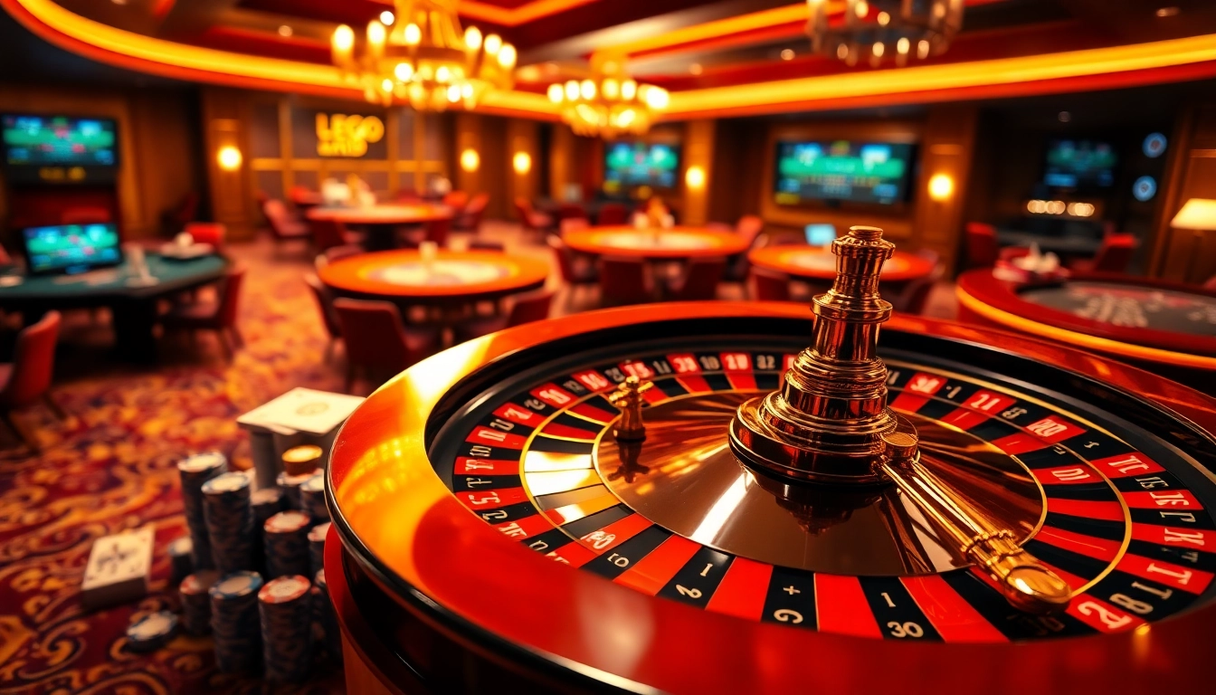 Experience thrilling wins with lego138 amidst a luxurious casino setting filled with roulette and betting chips.
