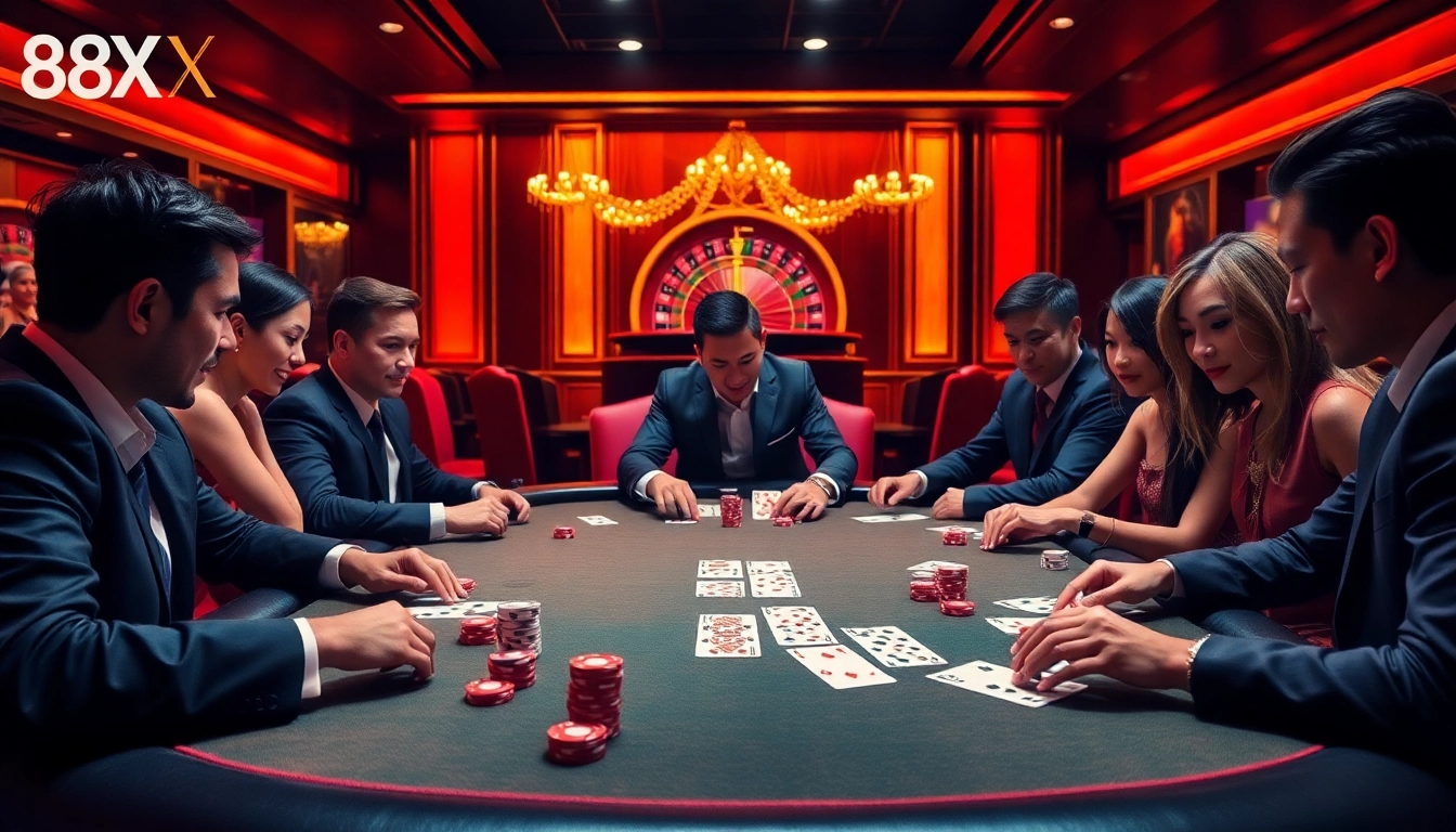 Engaging in an exciting poker game at 88xx casino with vibrant colors and professional ambiance.