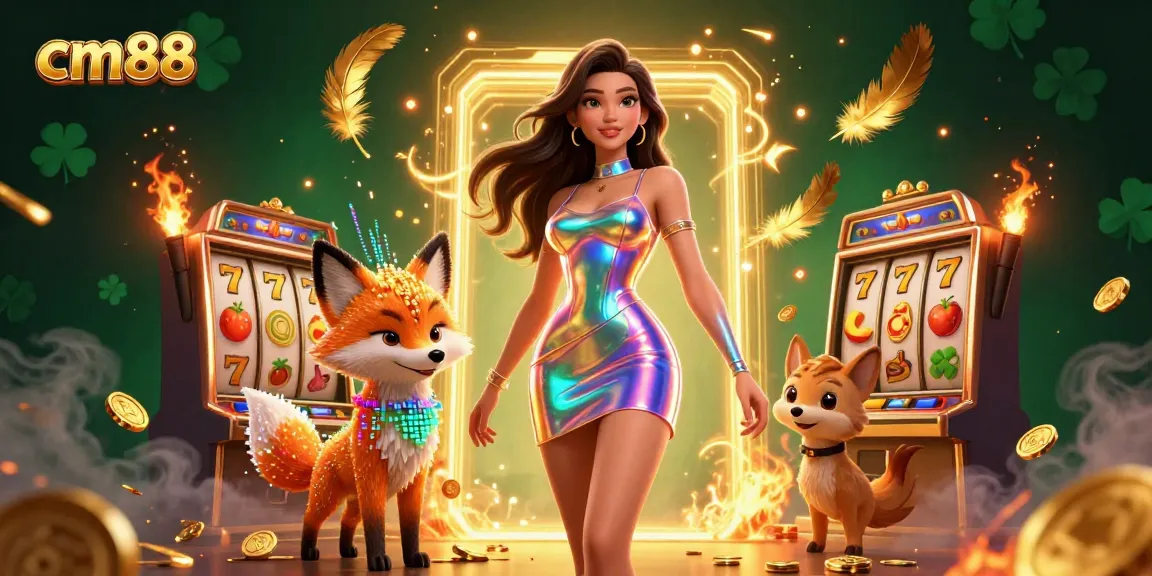 Engage with cm88 in this vibrant 3D digital casino scene featuring dynamic slot reels and colorful characters.