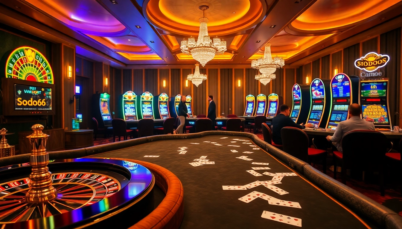 SODO66 gamers experiencing excitement at luxurious casino tables with slot machines.