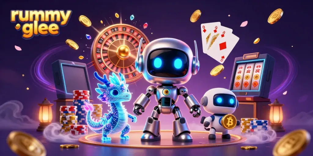 Gambarlah karakter rummy glee yang menarik dalam lingkungan kasino digital, bersinar dengan warna cerah.