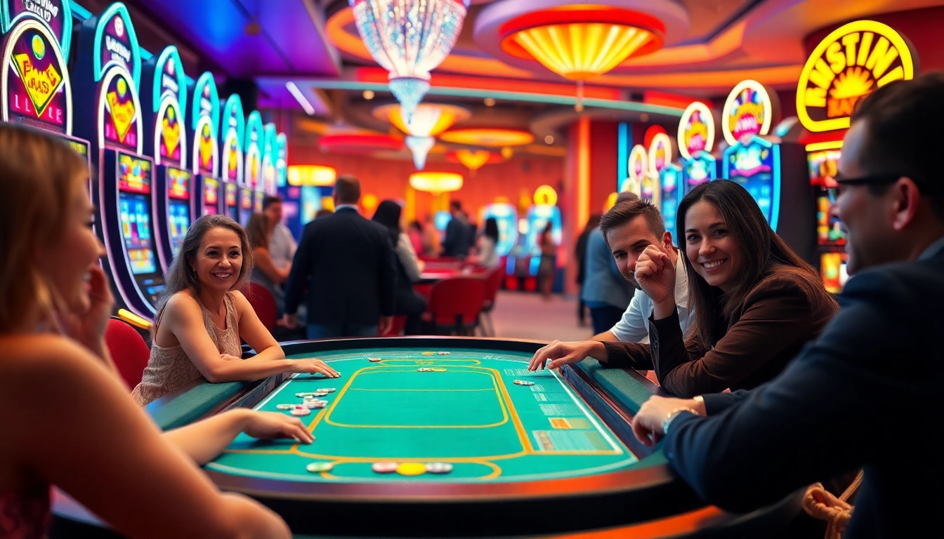 Online casino spielen: Spieler genießt fröhlich eine Partie an einem Tisch in einem lebhaften Casino.