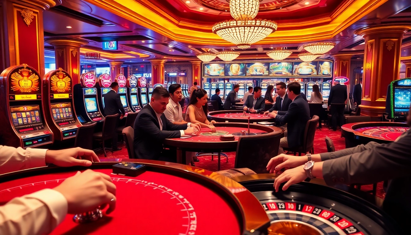 Players enjoying exhilarating gambling experiences at MMOO casino with vibrant slot machines and elegant card tables.