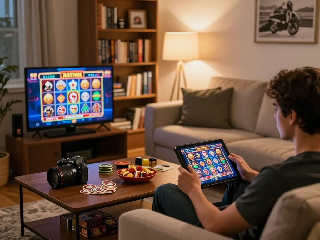 Engaging in online pokies Australia from a comfortable home setting, enhancing strategic gameplay experience.