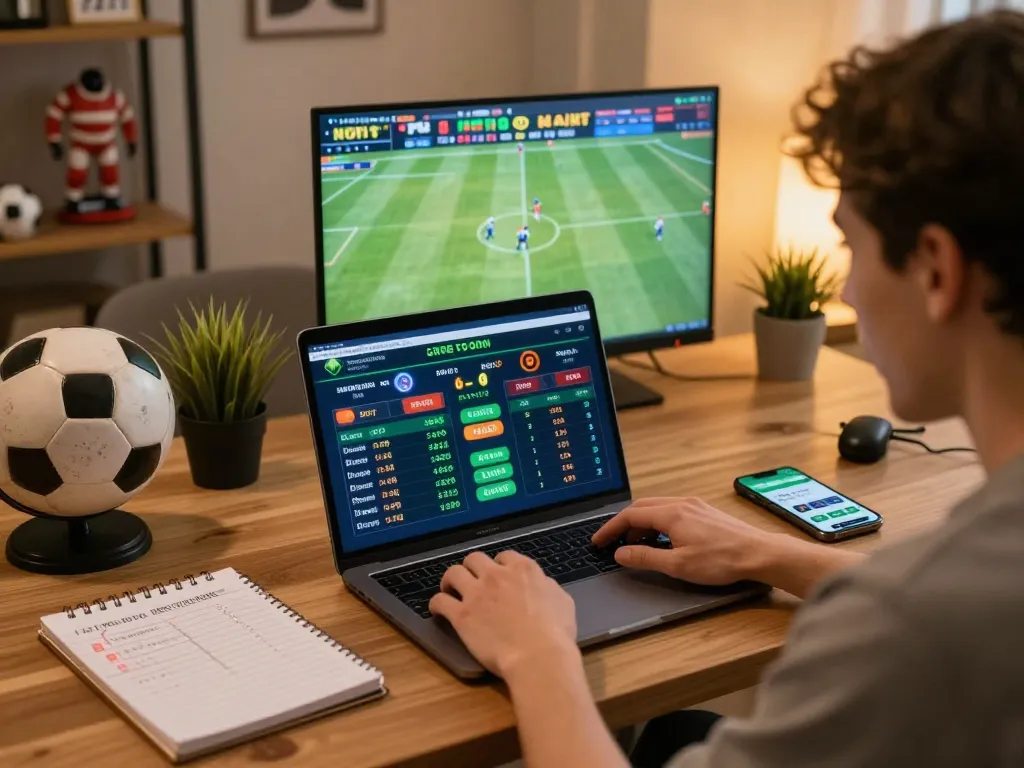 Engaged bettor analyzing tỷ lệ kèo nhà cái 5 on laptop during an exciting sports betting session at home.